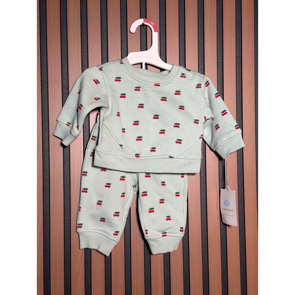 Cloud Island Newborn Mint Green Christmas Car Tree Sweatshirt and Jogger Set NWT